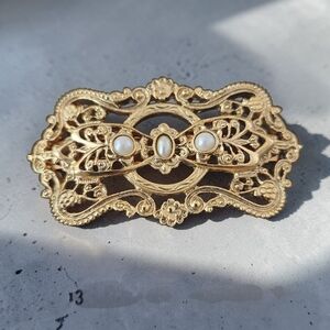 Gold Filigree Brooch with Pearl Accents - Elegant Women’s Hair Jewelry